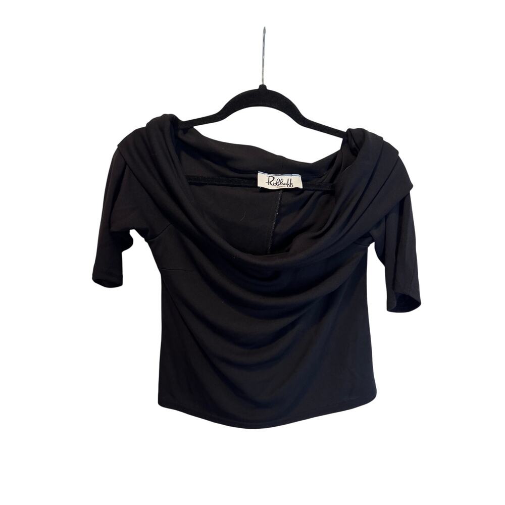 Vintage Joseph Ribkoff Black Off the Shoulder Cowl Neck Top Short Sleeve Fitted
